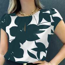 女式随机印花短袖衬衫 - 休闲圆领，宽松版型，适合所有季节的涤纶衬衫
