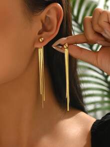 1 Pair Gold Tassel Earrings With Snake Chain & Beads, Elegant & Luxurious Long Earrings - Yellow Gold - View 1