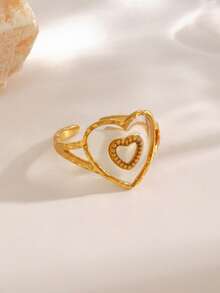 1 pièce Bague minimaliste en acier inoxydable plaqué or 18 carats à double couche en forme de cœur, convient pour le port quotidien des femmes, les rendez-vous, cadeau de la Saint-Valentin - Multicolore - Voir 5