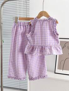 2件套女童时尚花卉格纹背心和裤子套装，夏季 - 淡紫色 - 查看 2