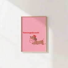 1pc Frameless Valentine's Day Dachshund Decor Pink Art Cute Pet Poster Heart Theme Animal Wall Decor, Suitable For Bedroom, Dorm, Nursery, Living Room, Party Decoration - Multicolor - View 3