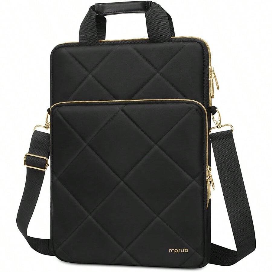 Bolsa bandolera vertical portatil para ordenador 15-15.6 pulgadas compatible con MacBook 16 HP  Asus diseño rombo acolchado bolsillo frontal asa y cinturon negro - 16pulgadas - Ver 1
