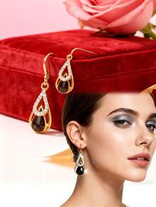 1 Pair Women's Teardrop Pendant Earrings, Gold-Tone Cubic Zirconia Double Teardrop Pendant Earrings, Lightweight & Elegant Leverback Earrings, Jewelry For Wedding & Party - Multicolor - View 8