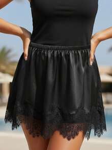 Womens Lace Trim Mini Skirt Casual Stylish Mid Rise Satin Short Skirt For Daily Life Club Party - 黑色 - 查看 2