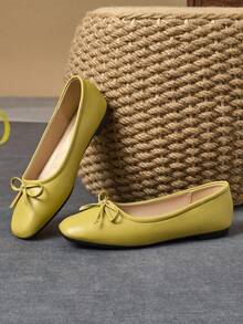 Women Minimalist Yellow-Green Square Toe Flats, Bow Soft Sole Flats For Work & Casual - 芥末黃 - 查看 3