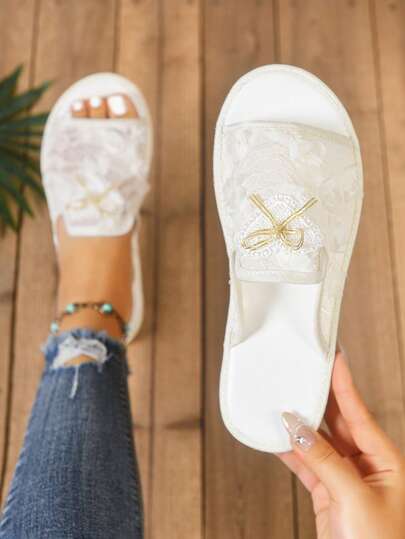 White Lace Embroidered Flat Slippers For Women, Sweet Bow Tie, Suitable For Home, Outdoor, Beach, Vacation, Bohemian Style