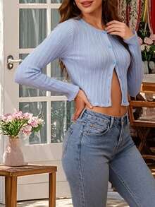 Women's Button Down Ribbed Cardigan Solid Color Long Sleeve Cropped Knit Jacket Streetwear - Màu xanh lam - Xem 4