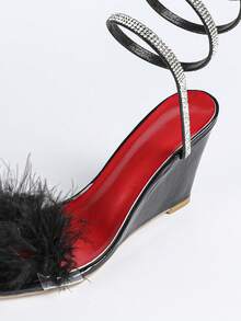 夏季新款露趾水钻毛绒坡跟蛇纹罗马高跟凉鞋，时尚韩版，舒适 - 黑色 - 查看 8