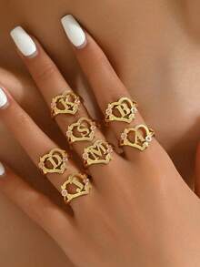 时尚奢华甜美田园风心形蕾丝镂空玫瑰双色26字母A-Z姓氏戒指，迷人装饰首饰 - 戒指 - 查看 5