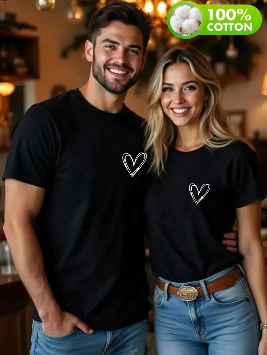 Camisetas a juego para parejas - Diseño gráfico de corazón romántico, negro con corazones blancos, camisetas de cuello redondo de manga corta para citas, atuendos de primavera, verano y otoño, lavables a máquina - Camiseta negra individual para hombre - Ver 1