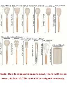 12件套硅胶烹饪用具套装，包括防刮铲、汤勺、汤匙、食物夹、刷子、打蛋器、夹子；木柄不粘锅具，多功能防刮烘焙厨房小工具，不粘耐热易清洗，可用洗碗机清洗，现代厨房用品，节日送礼佳品！ - 彩色 - 查看 13