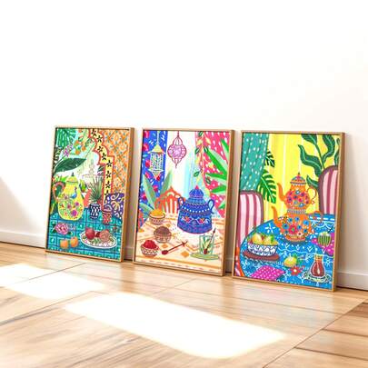 3PCS Middle East Teapot Canvas Poster Minimalist Wall Art With Exotic Charm. Home Room Decoration Suitable For Wall Decoration. Room Poster. Home Decor. Wall Decoration, Room Aesthetic Decoration, Interior Decoration Products. Optional Border.