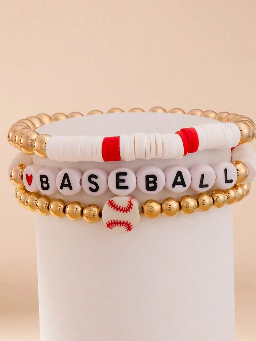 3pcs/Set Baseball Letter Beaded Bracelet, Sports Style Elastic Soft Clay Bracelet Set