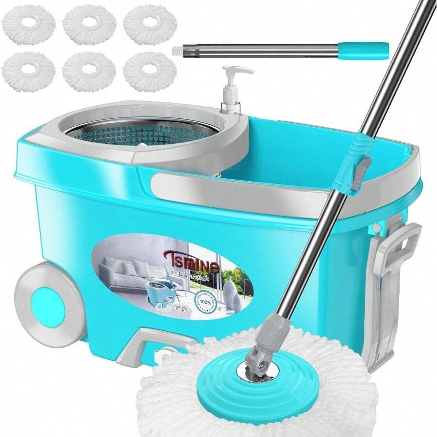 FunClean Spin Mop And BucketMop And Bucket With Wringer Set For Home 360 Spinning Mopping Floor Cleaning Tool With 6 Microfiber Replacement Head Refills 61" Extended Handle 2X Wheel - Blue - 藍色 - 查看 1