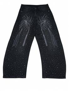 男士水钻装饰阔腿牛仔裤，街头时尚 - 黑色 - 查看 2