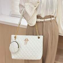 2 Stücke/Set koreanischer minimalistischer hochwertiger Rhombus gesteppter bestickter Blumen Damen Schulter Unterarm Handtasche Shopper - Weiss - Übersicht 3