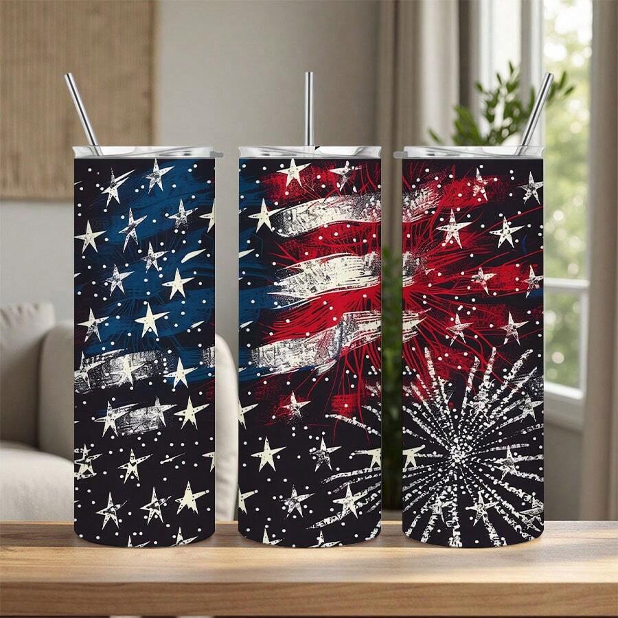 20oz Patriotic American Flag Fireworks Tumbler With Straw - Double-Wall Vacuum Insulated Cup, Leakproof Lid - Keeps Drinks Hot/Cold For Hours - Independence Day, Birthday, 4th Of July Gifts - Red, White, Blue Patriotic Cup For Home, Office, Travel, Outdoor - Durable Stainless Steel Construction, American Flag Decorations, Travel Drinkware, Star Pattern Design, Rustresistant Drinkware, Office Cup, Festive Cup, Highquality Construction, Reusable Cup, Office Workers - 1PC - 查看 1