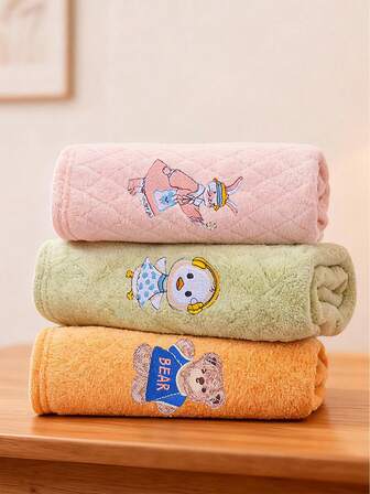 1pc Soft Highly Absorbent Embroidered Cartoon Coral Fleece Baby Towel - Kids Bath Towel, Multi-Use Swaddle Blanket & Coverlet, Baby Blanket For Bathing & Daily Use, Unisex Infants Toddlers Gift