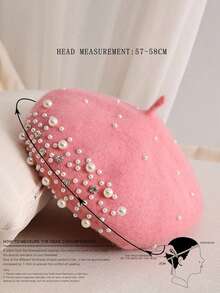1pc Y2K Style Pearl And Rhinestone Beret Hat For Men And Women,Outdoor Cold Protection Casual Multi-Purpose Winter Warmth, Suitable For Daily Commuting Or Give Gifts - Pink - View 3