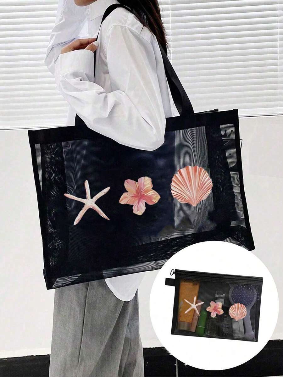 1个/2个大容量网眼手提袋,字母装饰,多功能涤纶网眼手提包和化妆包套装 - 适合海滩度假收纳和购物 - 适合青少年和女性 - 大学生 - 适合海滩、学校、日常使用 - 送给青少年和女性的绝佳礼物,双提手,可水洗旅行收纳袋,适合度假 - 粉色 - 查看 1