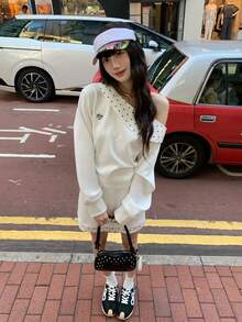 Y6Y 2-Piece Set: Polka Dot Splice Design Asymmetrical Shoulder Long Sleeve Top And High Waist Bodycon Mini Skirt, Soft Korean Style, New Arrival Autumn/Winter 2025