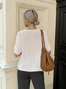 Áo khoác cardigan dệt kim dáng rộng, khoét lỗ, buộc dây, kiểu dáng tối giản cho nữ mùa hè, cổ thấp, tay ngắn, chất liệu lưới móc nhẹ, chống nắng. - trắng - Xem 6