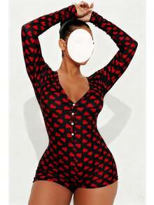 Womens Valentine's Day .Y Romper Y2k Heart V-Neck Shorts Jumpsuit One Piece Bodysuit Pjs Galentine  Pajama - 黑色 - 查看 1