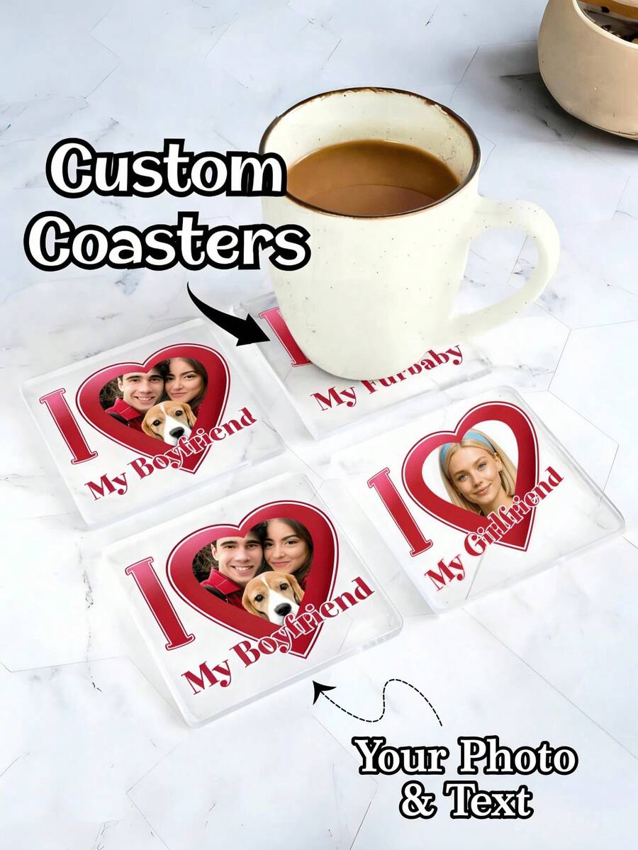 1/3/5pcs Customized Acrylic Name Photo Coasters, Drink Coasters, Personalized Coasters, Valentine's Day Gift, Birthday Gift, Drink Coasters, Personalized Coasters, Wedding Souvenirs, 9.5x9.5cm Personalized Acrylic Memorabilia, Anniversary Gift - Multicolor - View 1