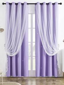 1 件装镂空星形双层薄纱窗帘，顶部带孔眼，饰有可爱的镂空星形图案，适用于卧室、客厅、主题房间和节日派对装饰 - 紫色 - 查看 6