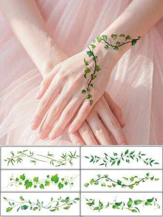 6pcs Green Leaf & Vine Temporary Tattoos - Bamboo Chinese Style Wrist Wrapping Design For Women, Waterproof Fake Tattoos For Daily/Party/Holiday Decoration (Suitable For Arm/Chest/Shoulder)