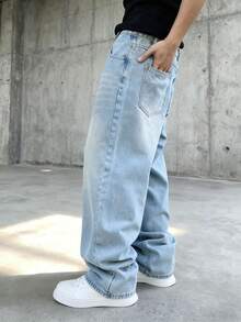 男士宽松嘻哈牛仔裤阔腿牛仔裤休闲宽松长裤街头风多色男士长裤 - 淺色水洗藍 - 查看 4