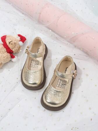 Glänsande guldfärgade Mary Jane-skor för spädbarn, prinsessstil med kristalldekor och mjuk botten