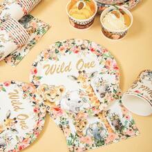 一套花卉动物主题一周岁生日一次性餐具，包括餐盘、餐巾纸、杯子、桌布和三角旗，适合16位客人使用，一次性纸盘，适用于生日、婚礼、主题派对、家庭野餐等场合。 - 彩色 - 查看 5