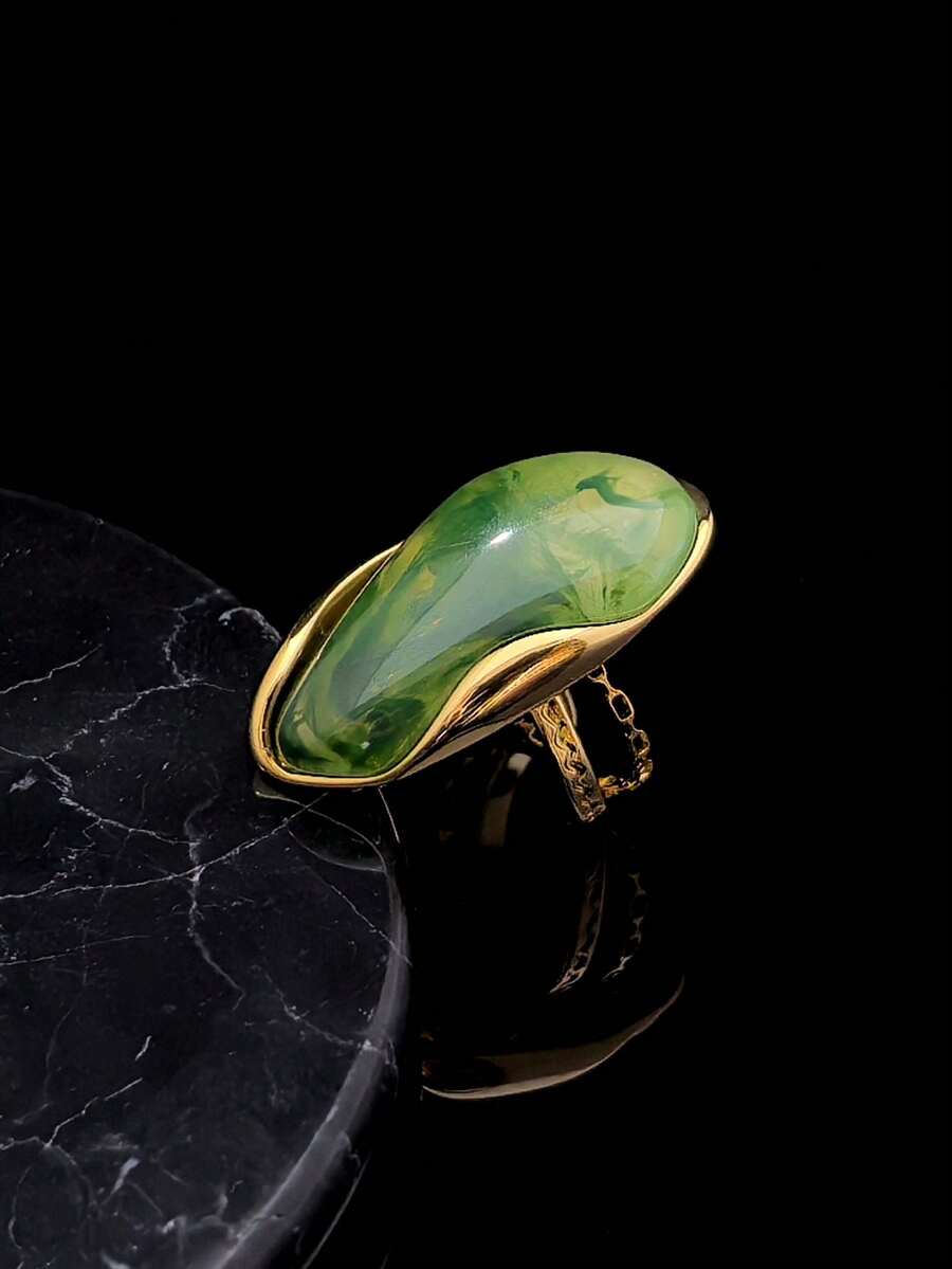 Nhẫn thép không gỉ 316 mạ vàng sang trọng, thanh lịch, chất lượng cao, đính đá giả ngọc bích màu nâu, trắng và xanh lá cây, thích hợp cho phụ nữ châu Âu, Trung Đông và Mỹ đeo trong các dịp lễ hội. - màu xanh lá - Xem 1