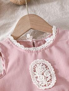 2pcs Baby Girls' Pink Sleeveless Lace Decorated Top + Ruffle Hem Pants, Sweet Casual Outfit - Pink - View 5