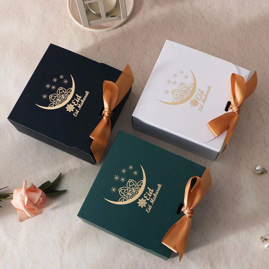 5pcs Eid Al-Fitr Mubarak Decorative Gift Box With Gold Stamping Star Moon Design - Luxury Paper Gift Box With Bow For Eid Mubarak Islamic Holiday Gifting, Family Celebrations And Event Decoration