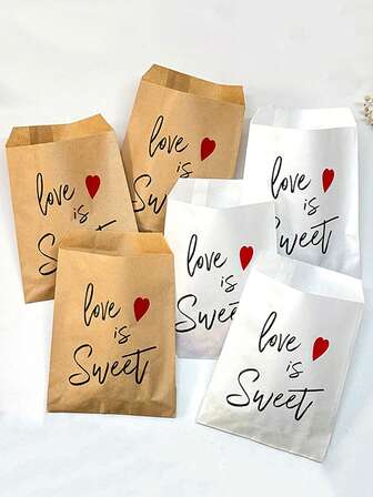 20pcs Brown Kraft Paper Gift Bags With Red Heart "Love Is Sweet" Print - Romantic Party Favor Bags For Valentine'S Day, Anniversary, Wedding Celebration, Bridal Shower, Romantic Gift Wrapping And Holiday Events