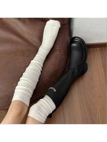 2 Pairs Women's Black & White Simple Slimming Calf Socks, Warm Long Socks Suitable For Daily Wear With Leather Shoes, Autumn/Winter - 常規款 - 查看 4