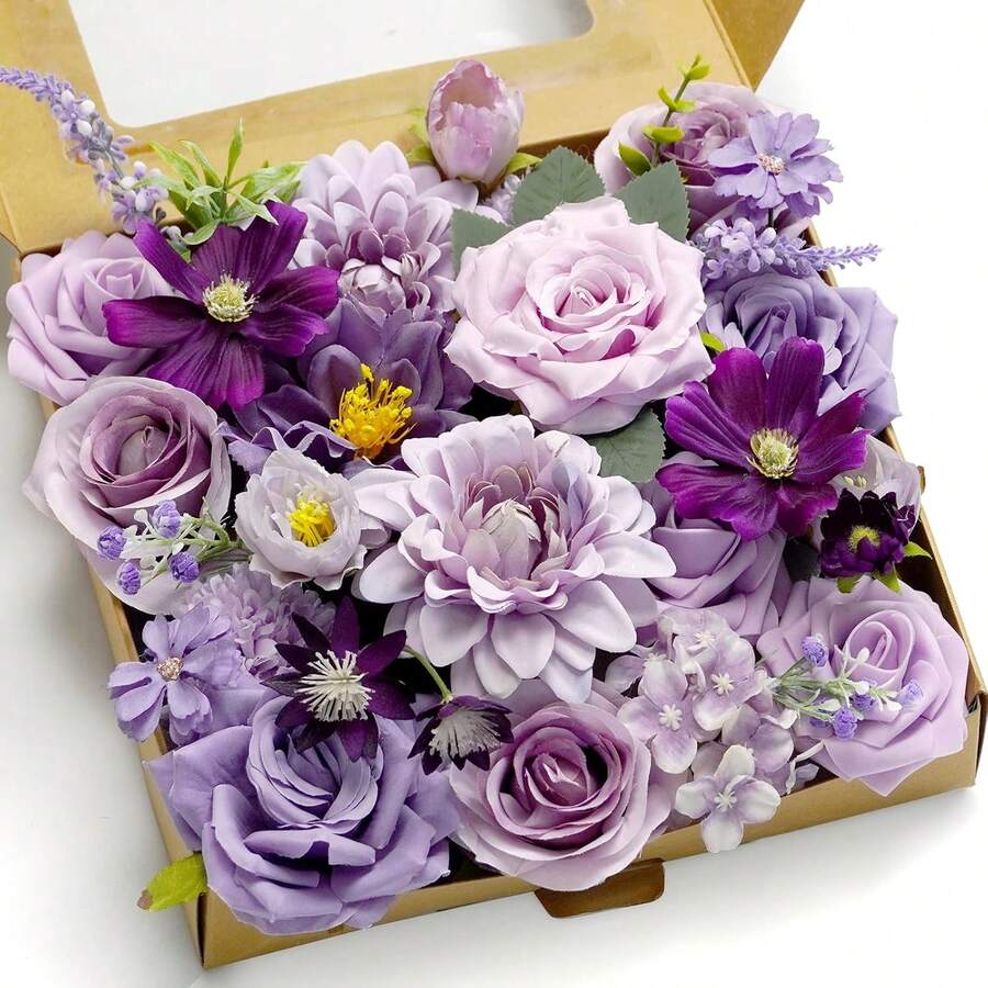 Artificial Flower Purple Combo Box Set Fake Rose Dahlia For DIY Wedding Center Bouquet Bride Baby Shower Party Tables Decoration Floral Arrangements. - 灰白藍 - 查看 1