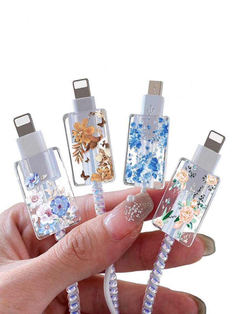 Floral Print Transparent Data Cable Protector, Anti-Bending