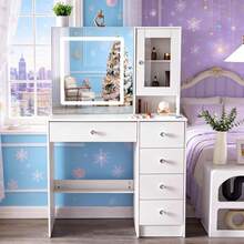 Dressing Table With 5 Drawers LED Mirror Set Makeup Desk Vanity Table Bedroom - White - View 2