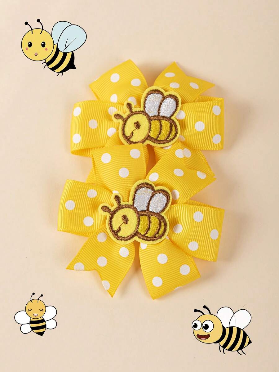 1 Pair Cute Frog & Bee Design Hair Clips, Polka Dot Bow Decor, 2026, Gold, Versatile & Adorable Hair Accessories For Girls, Suitable For Everyday Use
