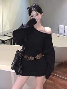 2025新款Y6Y性感露肩长袖毛衣连衣裙，配腰带，修身包臀连衣裙，适合秋季穿着，黑色 - 黑色 - 查看 9