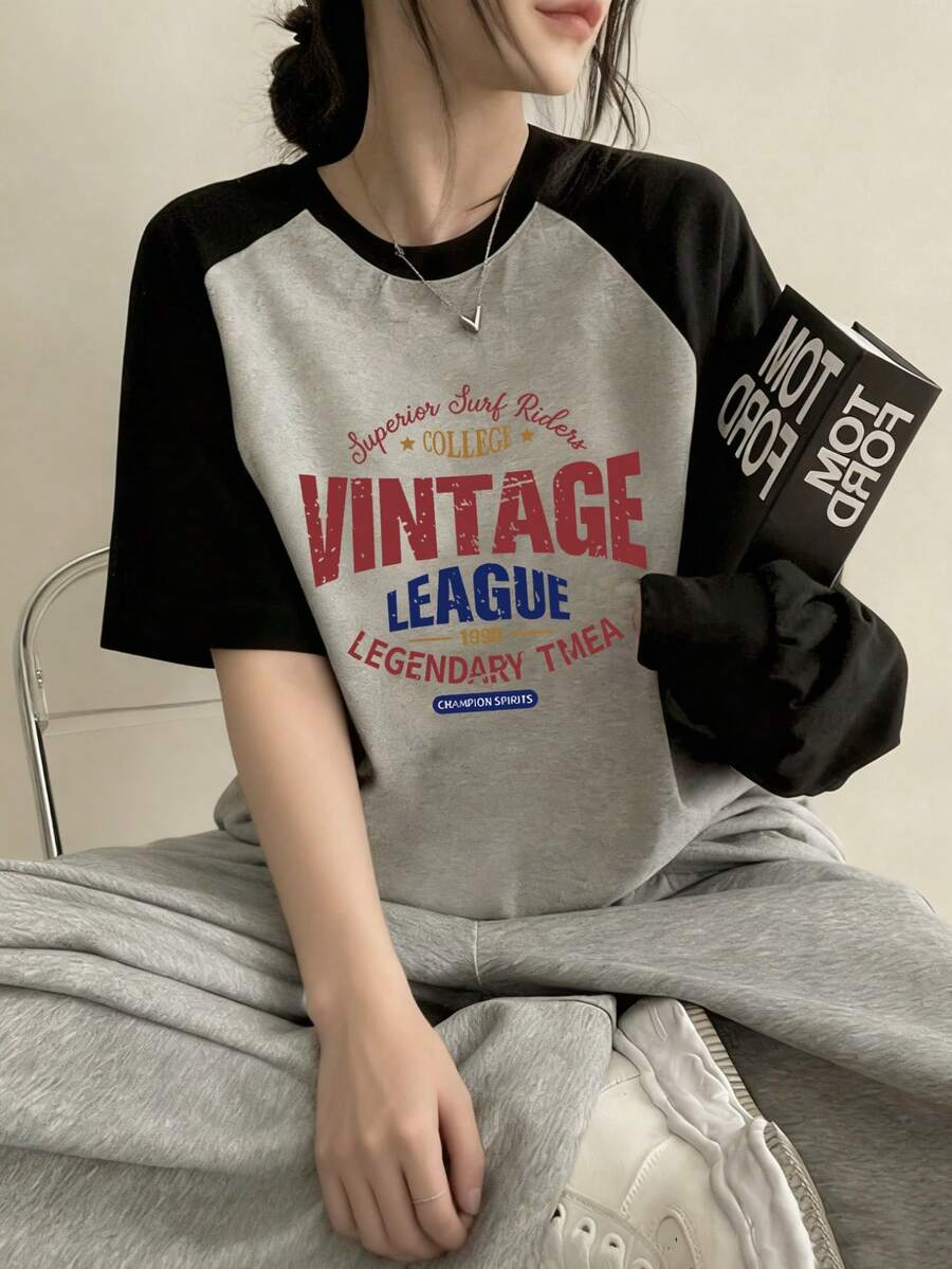 女士插肩撞色圆领休闲日文字母卡通印花短袖T恤，春夏款 - 深花灰 - 查看 1