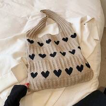 Love Heart Pattern Crochet Shoulder Bag, Soft Knitted Handbag With Sweet Woven Details, Fashionable Women's Handbag, Daily Casual Accessories, Dating, Shopping And Traveling - Khaki - View 2