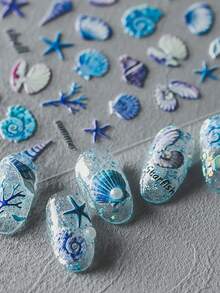 1片蓝色贝壳海螺珊瑚扇贝和海星海洋5D美甲贴纸航海海滩主题自粘美甲艺术，适合女性和女孩的海岸夏季美甲装饰美甲用品 - 彩色 - 查看 5