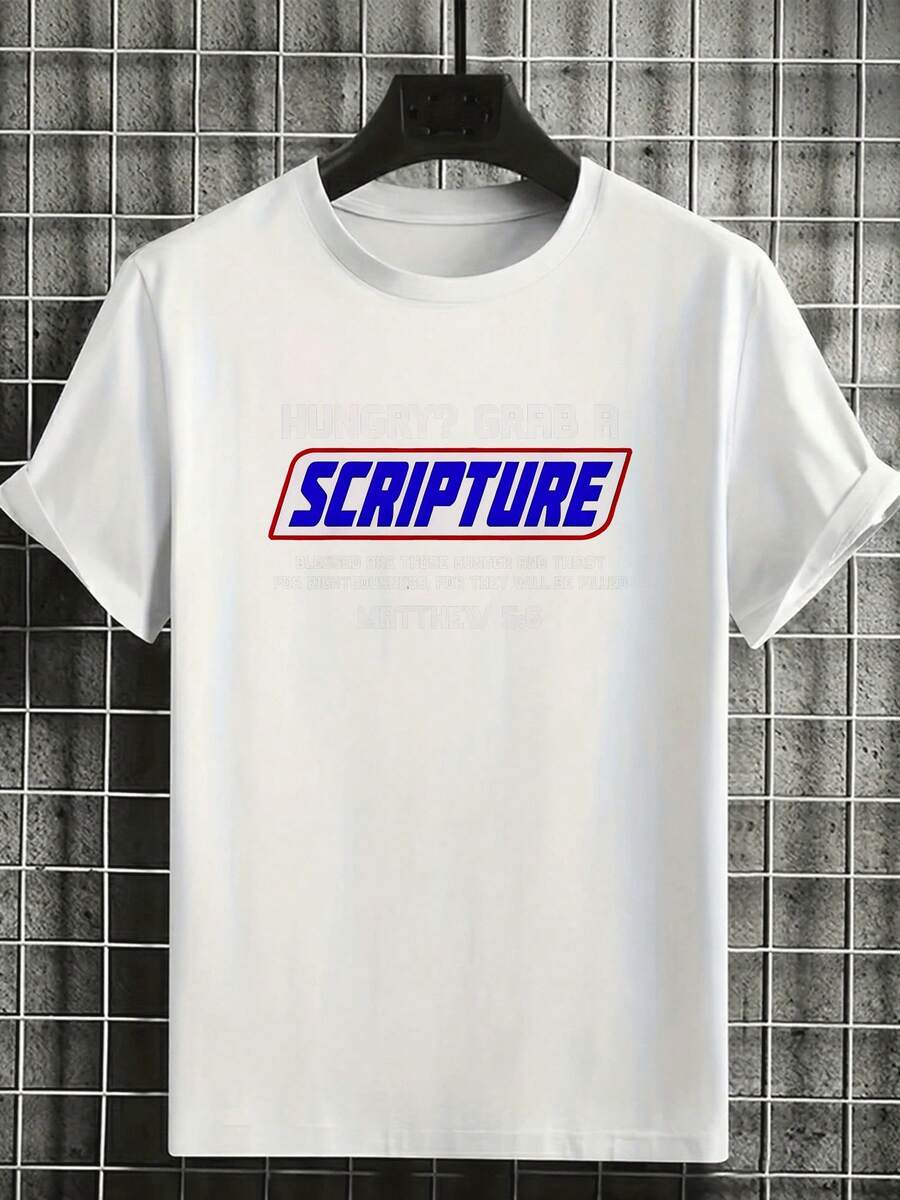 1PC Men's Plus Size Hungry Grab A Scripture T Shirt Matthew 5 6 Christian Faith Quote Religious Gift Apparel - 白色 - 查看 1