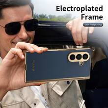 VIETAO Electroplated Material Faux Leather Full-Coverage Protective Phone Case Compatible With Samsung Galaxy Z Fold 7 6 5 4 Fold7 Fold6 Fold5 Fold4 With Tempered Glass Screen Protector Mobile Cover - Royal Blue - View 9