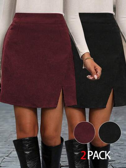 2pcs Plus Size Women Solid Color Casual Homewear Skirt Set With Slit Hem Skirt