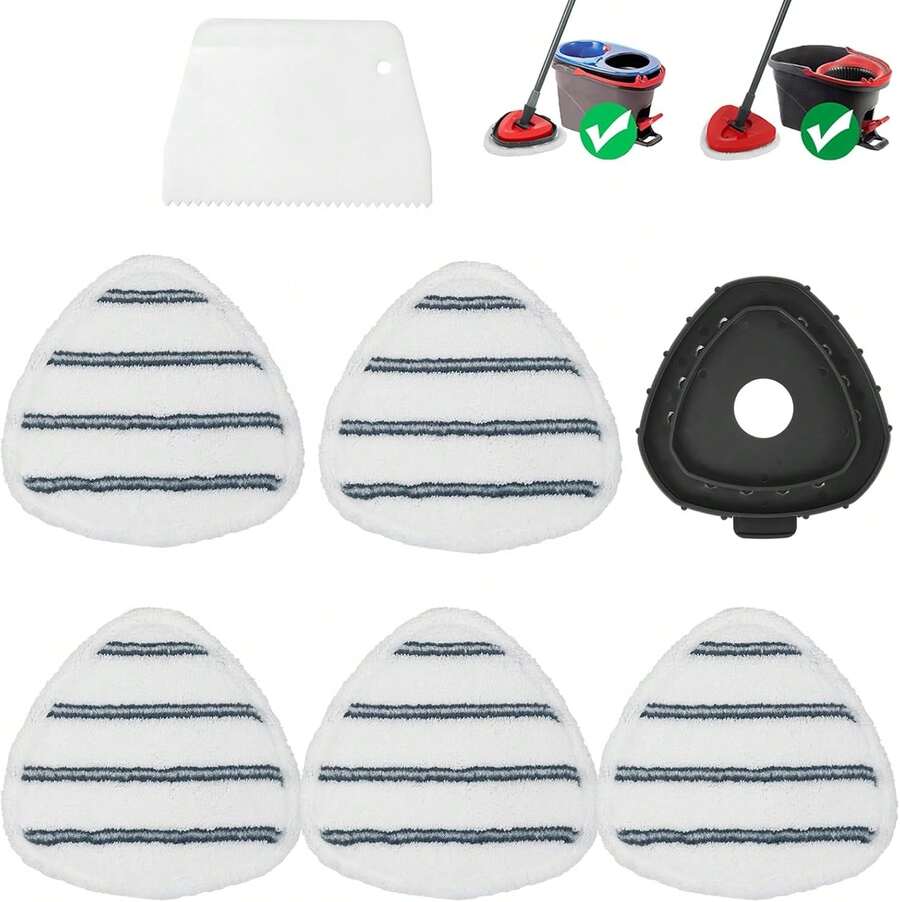 High-PQ Flat Mop Head Replacements, Microfiber Mopping Pads Refills, 5-Pack Spin Mop Pads + 1 Plastic Pad &Amp;1 Scrape For Floor, Wall &Amp; Ceiling Cleaning - Fits EasyWring &Amp; RinseClean Systems - 5Pads1Base1Scrape - 查看 1